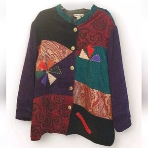 Indigo Moon Patchwork Jacket Woman Plus 3x Wood Button Fairy Whimsy Boho Country